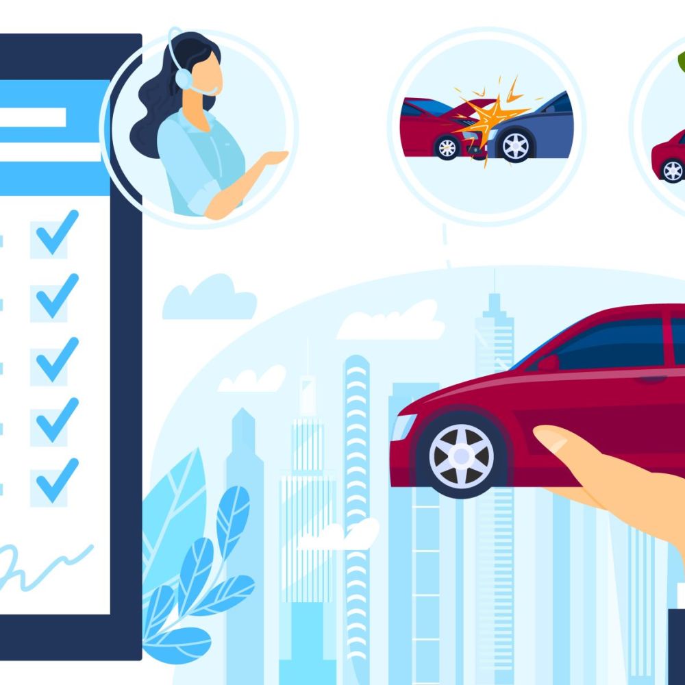 Insurance auto service protection vector illustration, cartoon flat businessman hand holding car, protecting from accidents and crimes