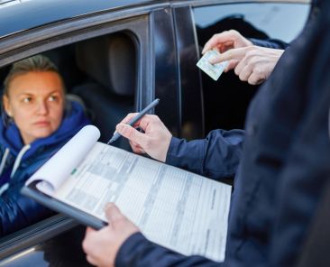 Police patrol checking driver's license of female driver. Policemen in uniform protect the law, registration of an offense. Cops work on city street, order and justice control